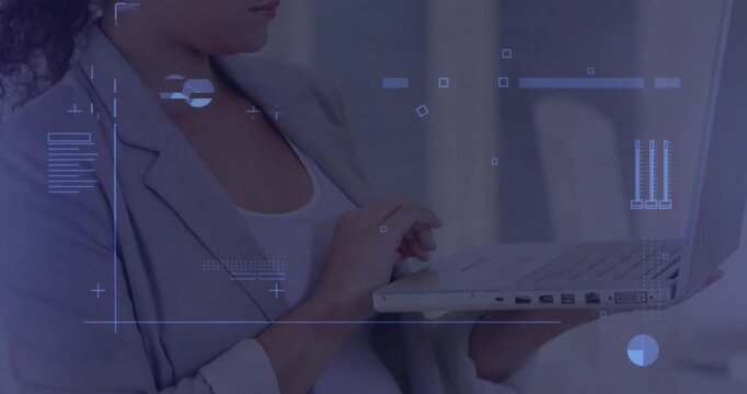 Woman placing laptop in frame, typing, adjusting grip and pausing while HUD overlaying for business