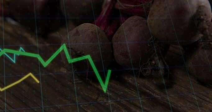 Colored graphs emerging from left, animating across still beets on wood and showing crop trends