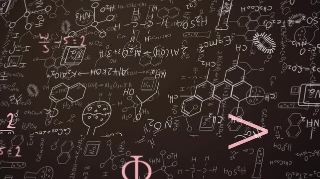 Camera panning back showing board full of molecules while pink symbols drifting, teaching science