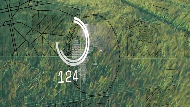 Drone hovering over crop field, HUD appearing, tracking white object, numbers locating subject