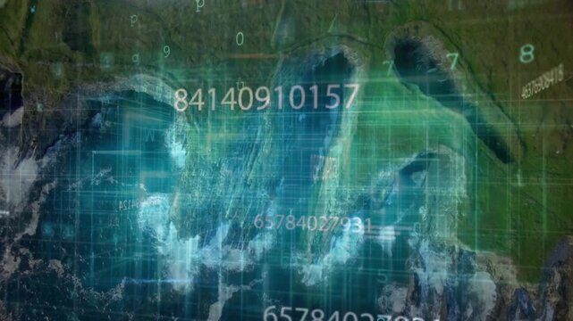 Composite coastal map responding to malware-detect alert, HUD scanning and updating numeric grids