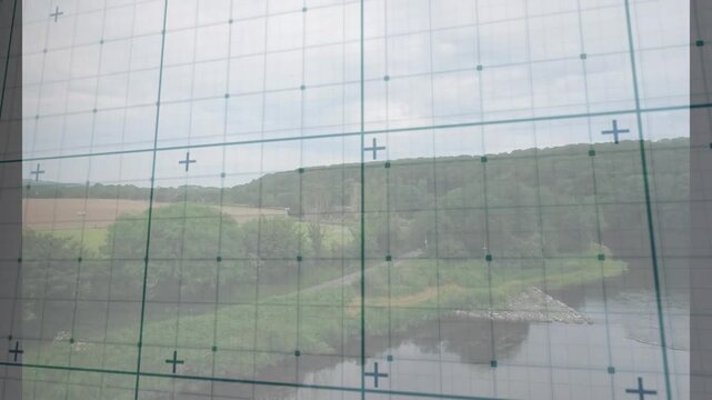 Window pane holding grid, camera shifting, grid tilting, revealing river and road for tech check