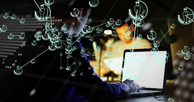 Dev typing on laptop, causing teal nodes overlaying figure and code forming map for data analysis