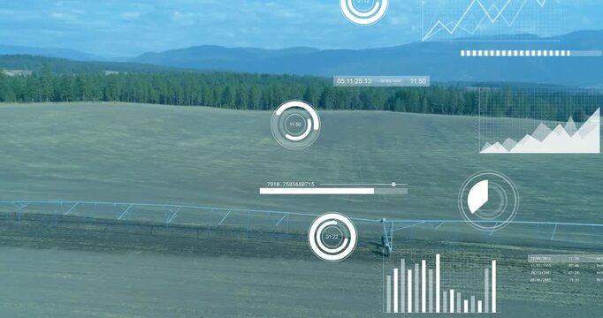 Pivot boom moving across field while aerial camera showing live HUD charts tracking farm water