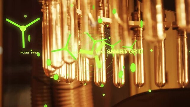 Glass cluster, camera shifting and causing HUD showing SMART GRID rotating turbines for node data