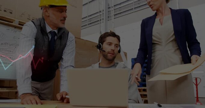 Woman handing folders operator updating laptop manager pointing chart by laptop closing logistics
