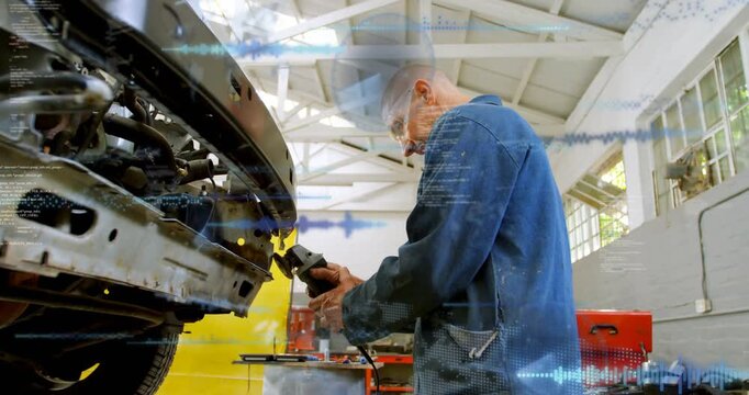 Mechanic aligning tool using grinder on bumper waveform overlay rising over scene for auto repair