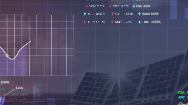 Vertical video: Sun flare starting data overlay over solar panels, charts rising tracking output