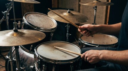 Fototapeta premium Man playing drums with sticks in a music studio indoors