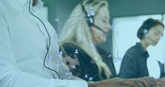 Agent taking new call moving from typing to talking as network icons marking headsets for support