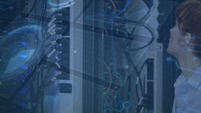 Inspecting IT technician in light shirt checking patch panel at rack, cables, holograms, copy space