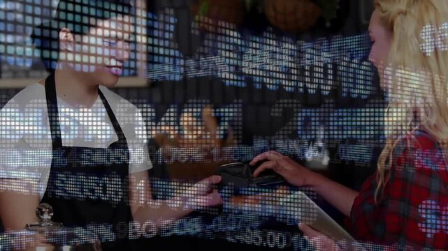 Client showing tablet at cafe, barista handing POS, paying via tap, finance overlay confirming