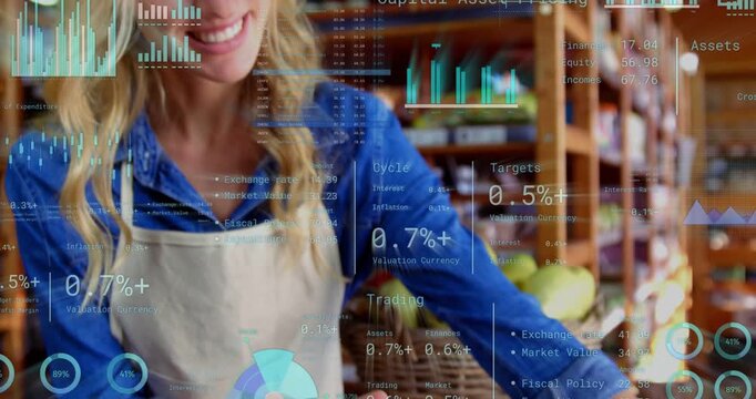 Vendor holding board shifting and revealing smile while shop HUD overlaying organic pricing to sell