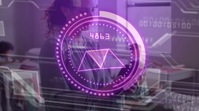 Teacher tapping tablet in class causing purple AR changing numbers and rotating prism showing score
