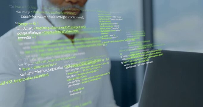 Developer picking up papers and comparing laptop content while verifying code with green overlay