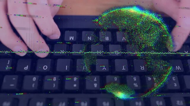Typist hands pressing keys, entering text while glitch wave and particle halo pulsing for tech