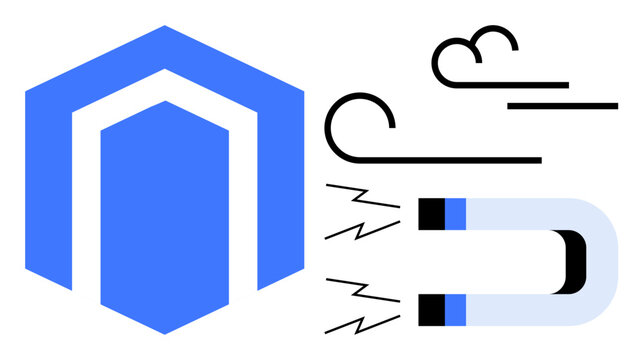 Branding, business identity, energy flow, magnetic attraction, physics principles, company . A blue hexagon, magnet and wind lines. Branding and energy flow concepts