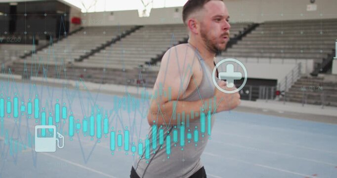 Vertical video: Running man wearing grey tank and wristwatch on blue track at stadium, overlays