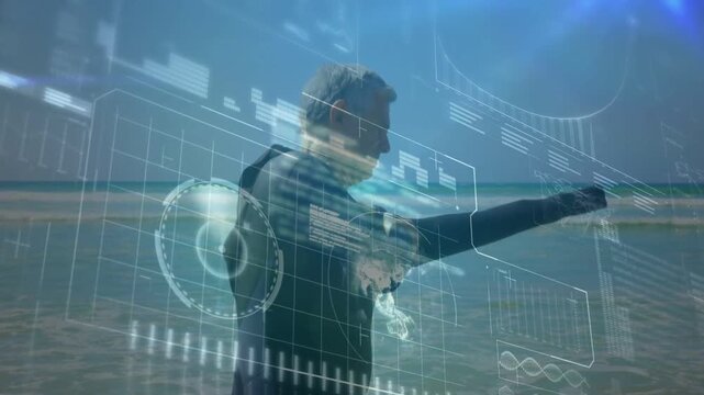 Senior man standing in surf, pushing tethered tool rotating and scanning marine seabed via HUD