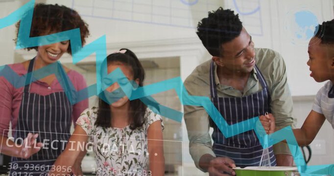 Vertical video: Overlay rising adults in aprons guiding kids whisking bowl rolling dough in kitchen