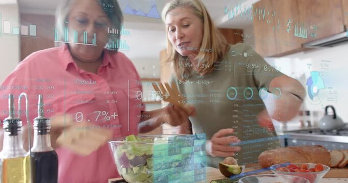 Left woman tossing salad right slicing bread pouring oil UI overlay following hands for food