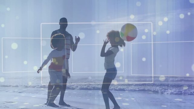 Dad tossing beach ball, kids catching and walking along shore, blue bokeh rect overlays for ads