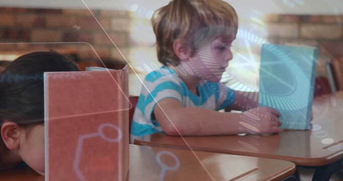 Vertical video: Girl hiding by red-divider as boy reaching blue book reading HUD highlighting pages