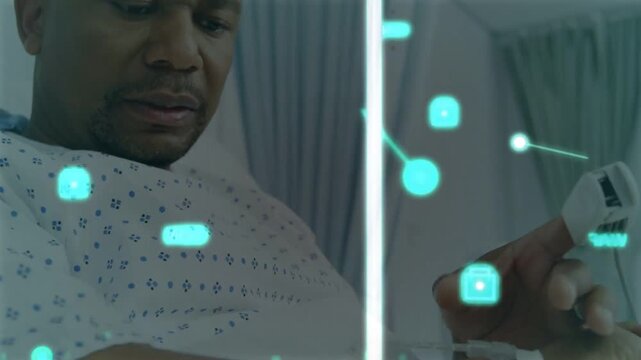 Vertical video: Male patient pressing call button in hospital checking vitals via cyan overlays
