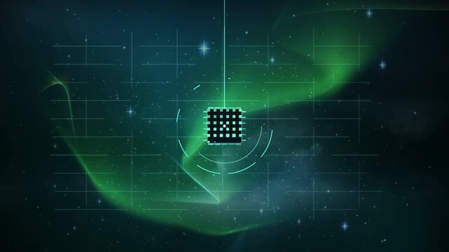 Triangular marker morphing into square and forming processor for tech HUD stabilizing aurora grid