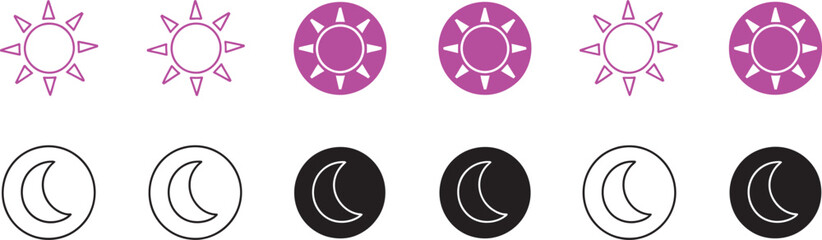 Sun and moon icon set, day night mode toggle buttons vector illustration brightness dark mode user interface settings pictogram © Alamin vai vision 3