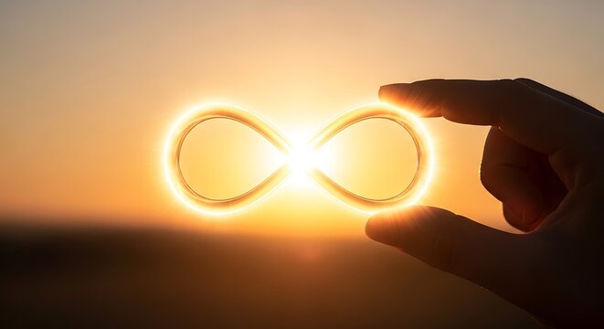 Hand holding infinity symbol against a vibrant sunset