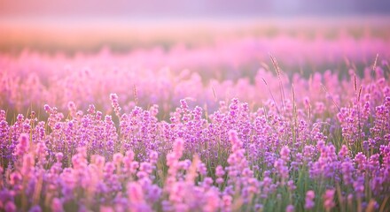 Obraz premium A field of purple wildflowers bathed in the soft glow of a sunrise or sunset