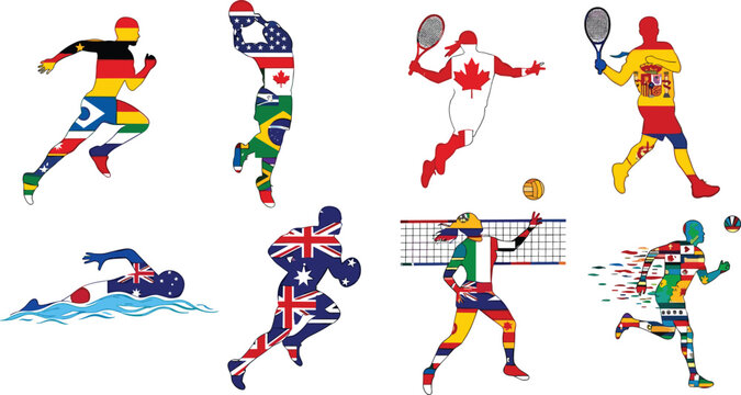 Multisport Athlete Silhouette Set with National Flag Patterns for International Sporting Events Global Championships Olympic Games Patriotic Athletics and Team Branding Graphic Designs