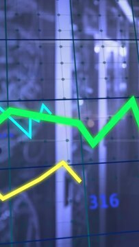 Vertical video: Timeline moving green yellow cyan traces on clear panel, monitoring numeric values