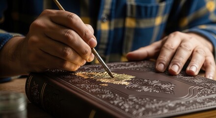 Obraz premium Artisan applies gold leaf to ornate book cover