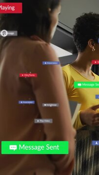 Vertical video: Women in biz cursor clicking grey send btn causing green banner, badges near them