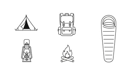 Set of Minimalist Line Art Camping Icons Including Tent Backpack and Sleeping Bag. © Majid_Sa'dan