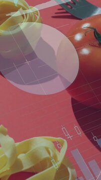 Vertical video: Camera panning flatlay showing tomato and pasta while HUD data updating for ads