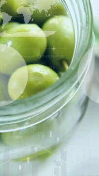 Vertical video: Start camera pulling back, jar revealing olives, HUD metrics showing supply data