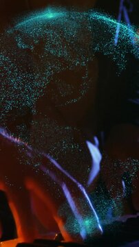 Vertical video: Playing musician pressing keys for song as teal globe starting in studio dark top