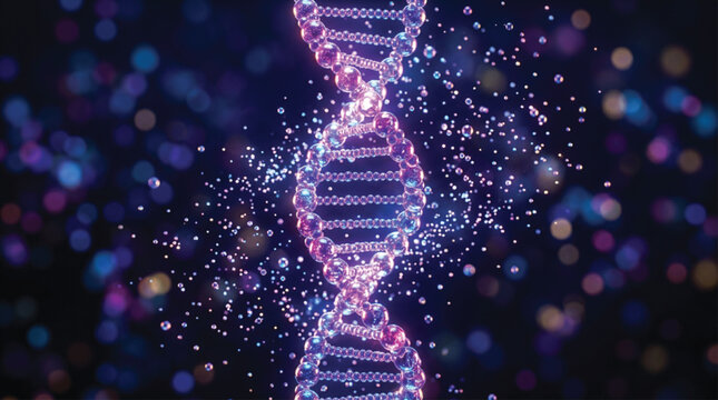 DNA double helix molecule structure made of glowing purple and blue spheres on dark background with bokeh light particles representing genetic research and biotechnology science.