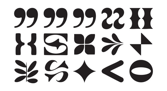 Abstract decorative shapes and quote mark signs collection isolated on white background