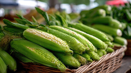 Fototapeta premium Fresh corn cobs on wooden crates displayed at a farmers market, representing sustainable agriculture, healthy eating, summer harvests, and local farm produce