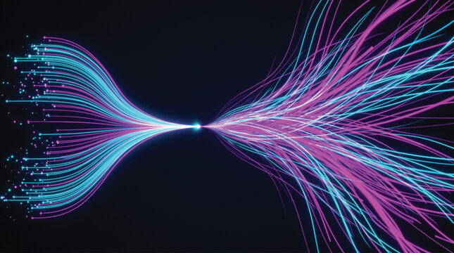 Abstract fiber optic data flow with glowing pink and blue light trails converging into central point on dark background illustrating high speed internet and energy transmission.