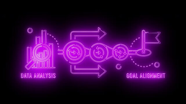 Neon-lit graphic illustrating data analysis and goal achievement with purple flowchart and icons on a black background.