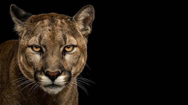Mountain lion head portrait with intense golden eyes on a black background, featuring large copy space for design. Professional studio lighting on cougar face, high contrast animal photography