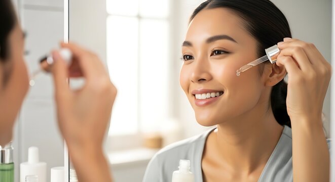 A young Asian woman applying facial serum in front of a mirror with a smile