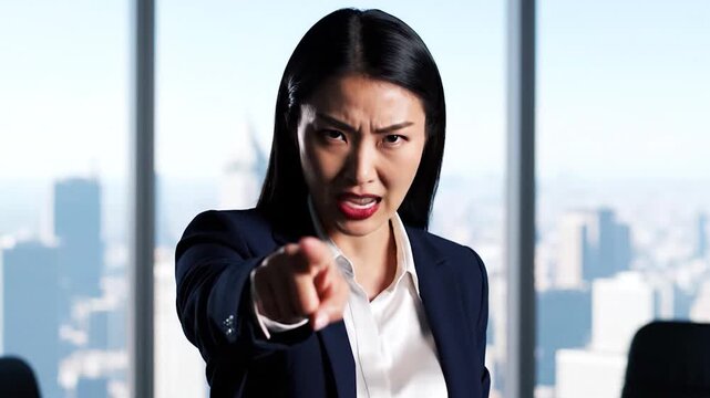 An angry businesswoman in a formal suit points her finger directly at the camera while standing in a modern office building