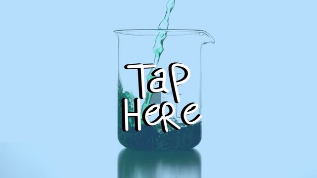 Animation of tap here over reagent pouring into lab glass on blue background