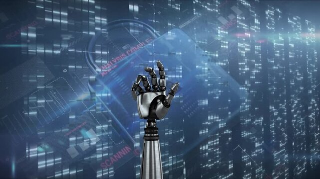 Animation of bionic hand and digital padlock over data processing
